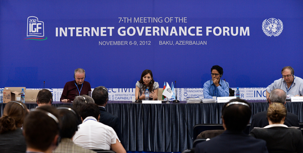ISOC ambassador Roxana Radu speaking on the panel of the 7th annual symposium of the GigaNet during the.the 7th Internet Governance Forum (IGF) annual meeting held at the Baku Expo Exhibition and Convention Centre 5-9 November 2012 , Baku, Azerbaijan.